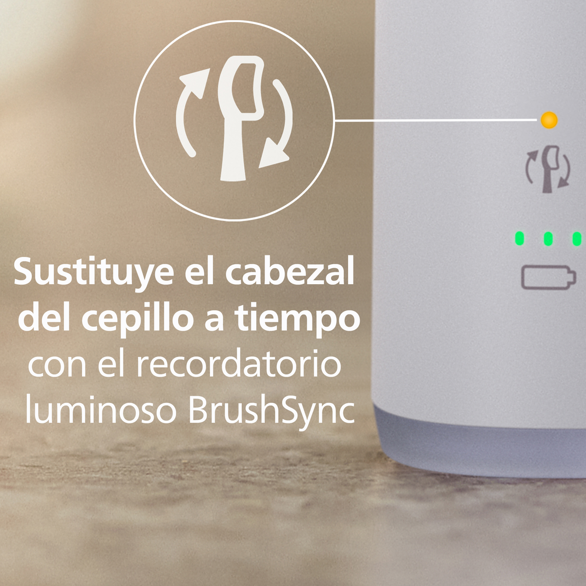 Zbliżenie na elektryczną szczoteczkę do zębów. Pokazuje wskaźnik baterii i przypomnienie o wymianie główki.