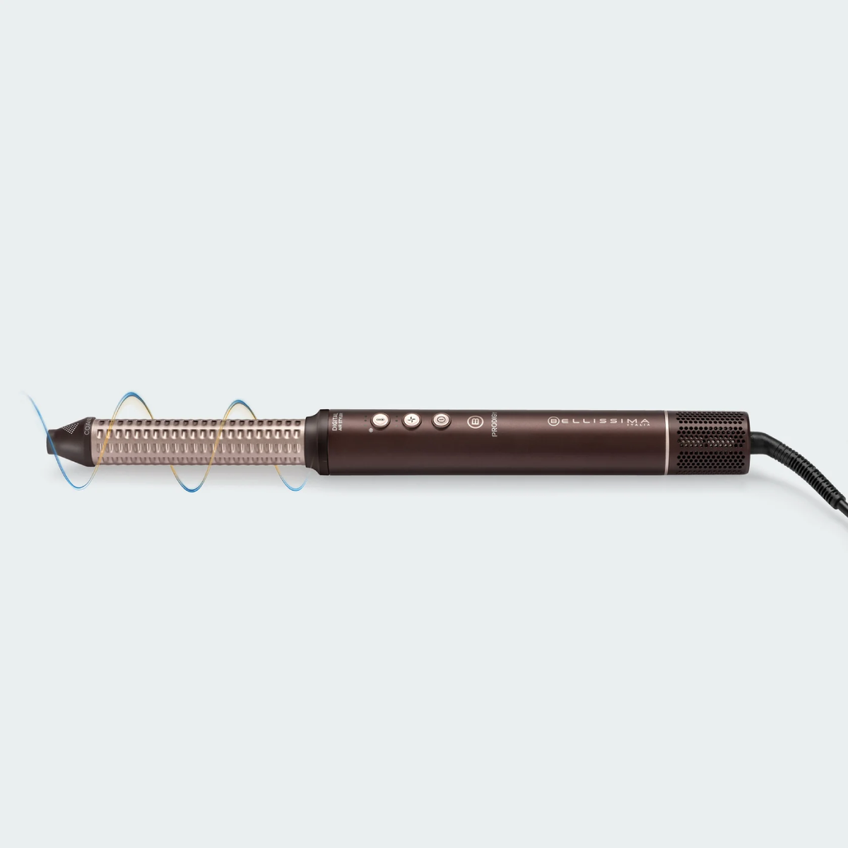 Dispositivo para peinar el cabello con un cuerpo marrón y una parte plateada calentable. Líneas azules indican el flujo.