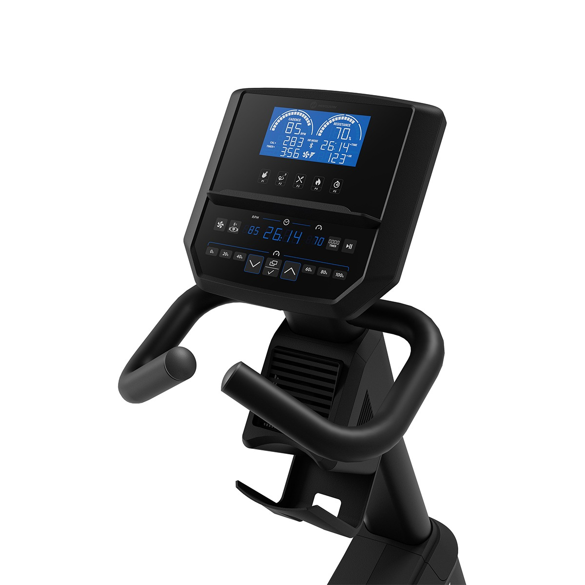 Un primer plano de la consola de una bicicleta estática negra con datos en pantalla.