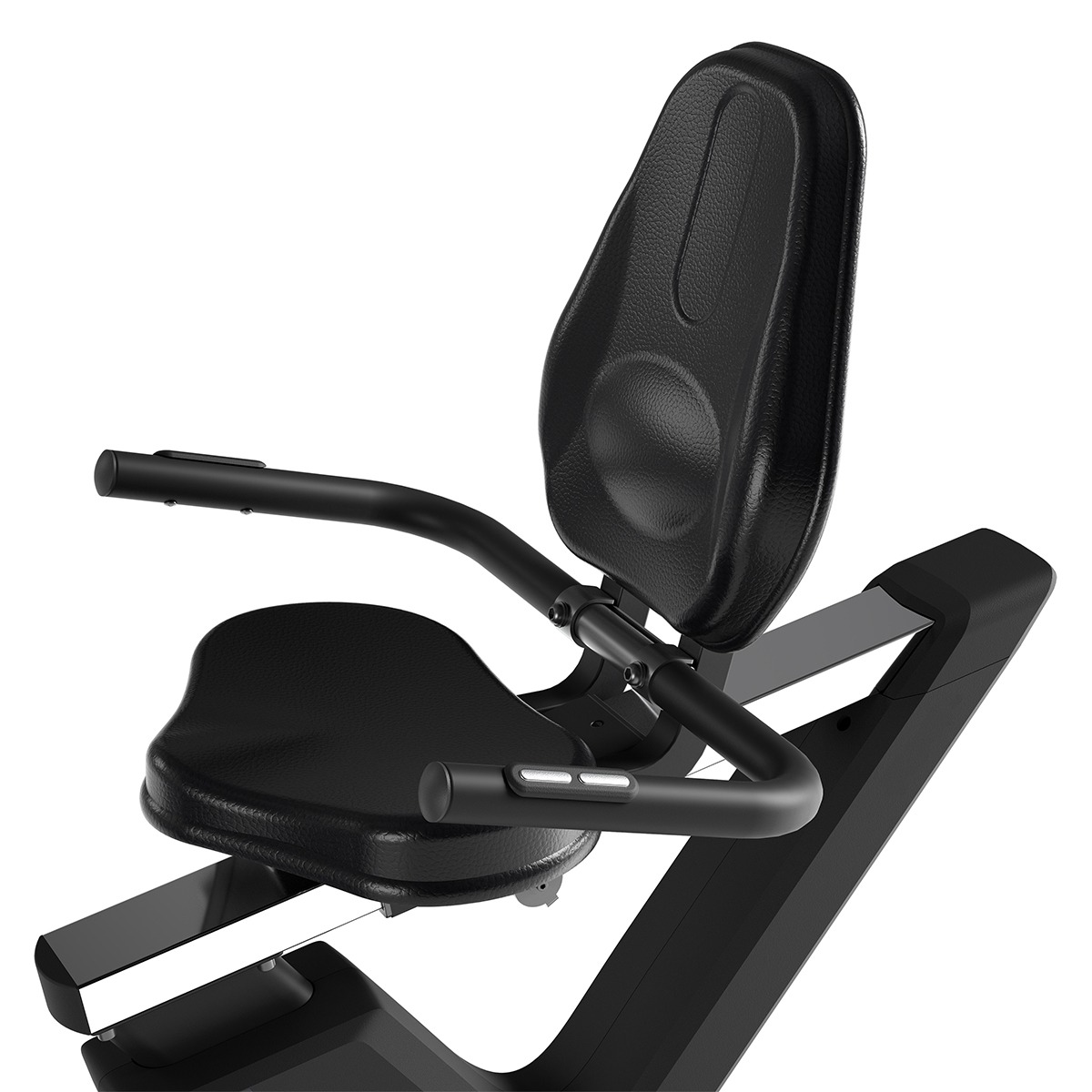 Asiento de bicicleta de ejercicio negro con reposabrazos y respaldo.