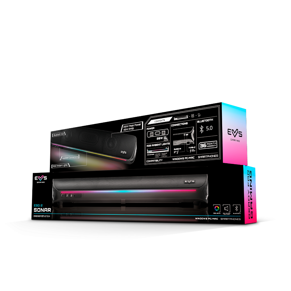 Pudełko produktu do systemu soundbar EVS Gaming. Prezentuje produkt wraz z jego funkcjami i specyfikacjami.