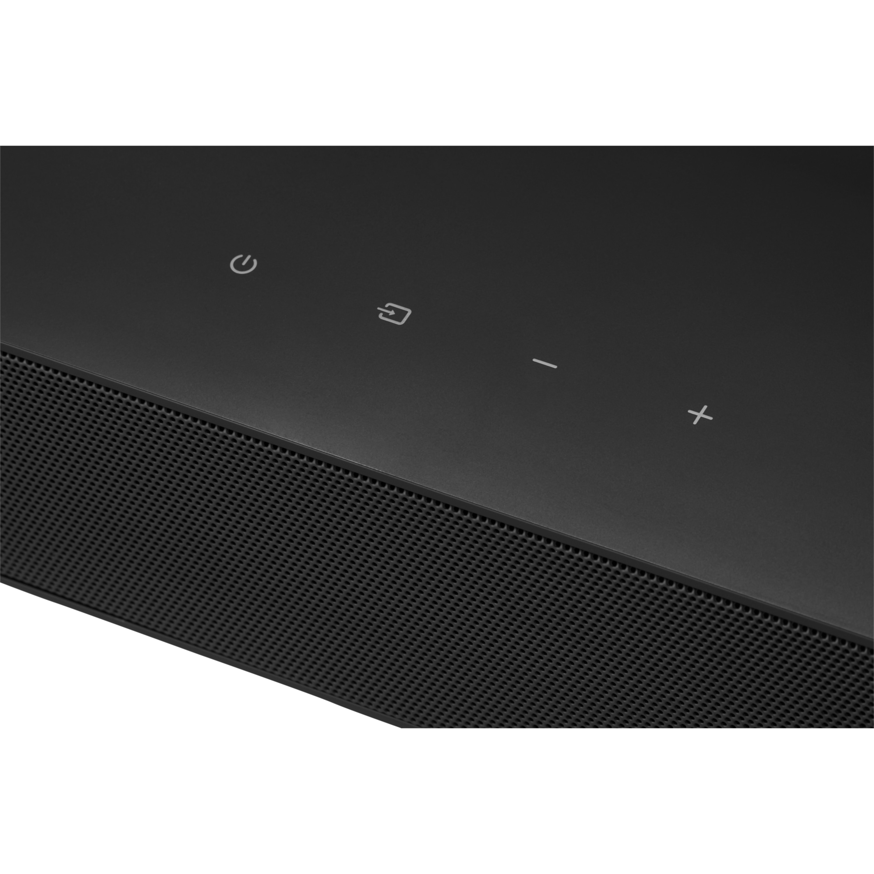 Black soundbar with power, input, and volume buttons. Background: white.