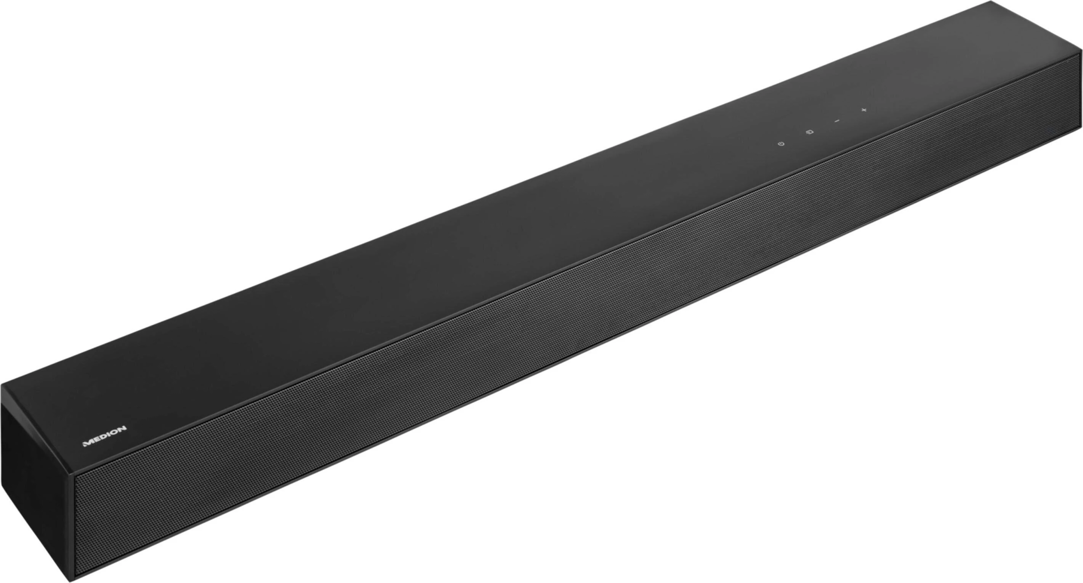 A long, black soundbar. Has a sleek design with a few buttons on top and the brand name.