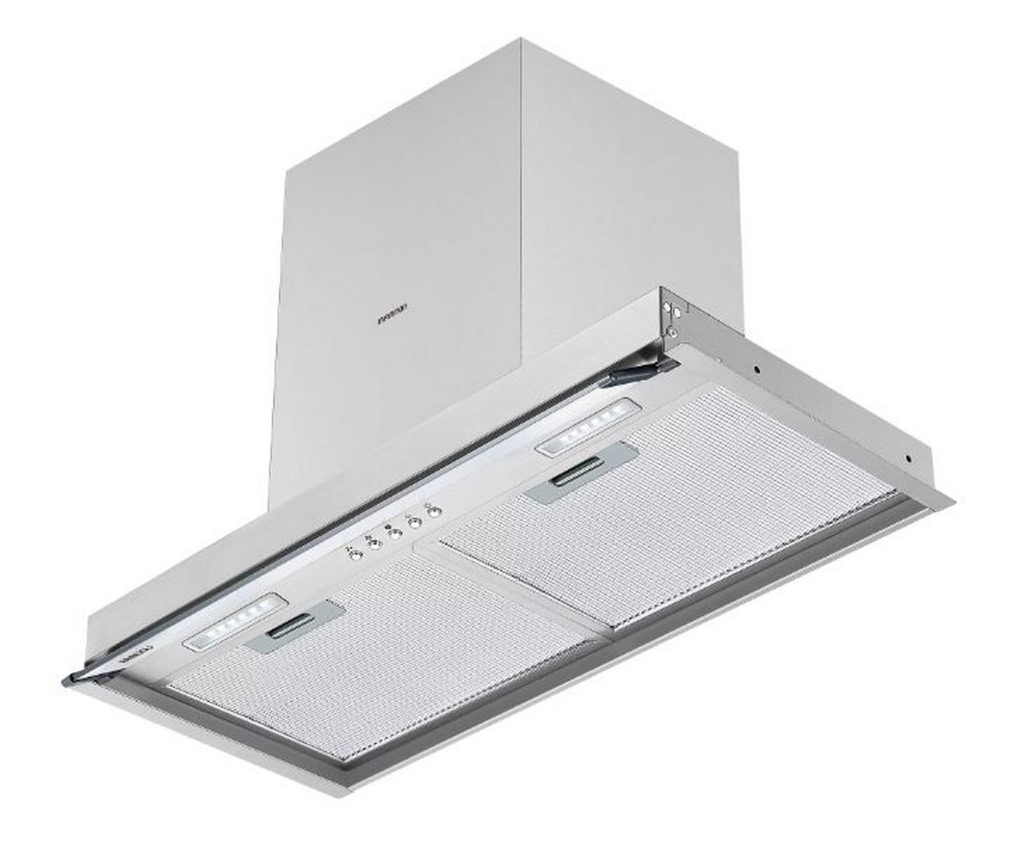 Una campana extractora blanca con luces y un filtro de acero inoxidable. Tiene un diseño rectangular y una chimenea.