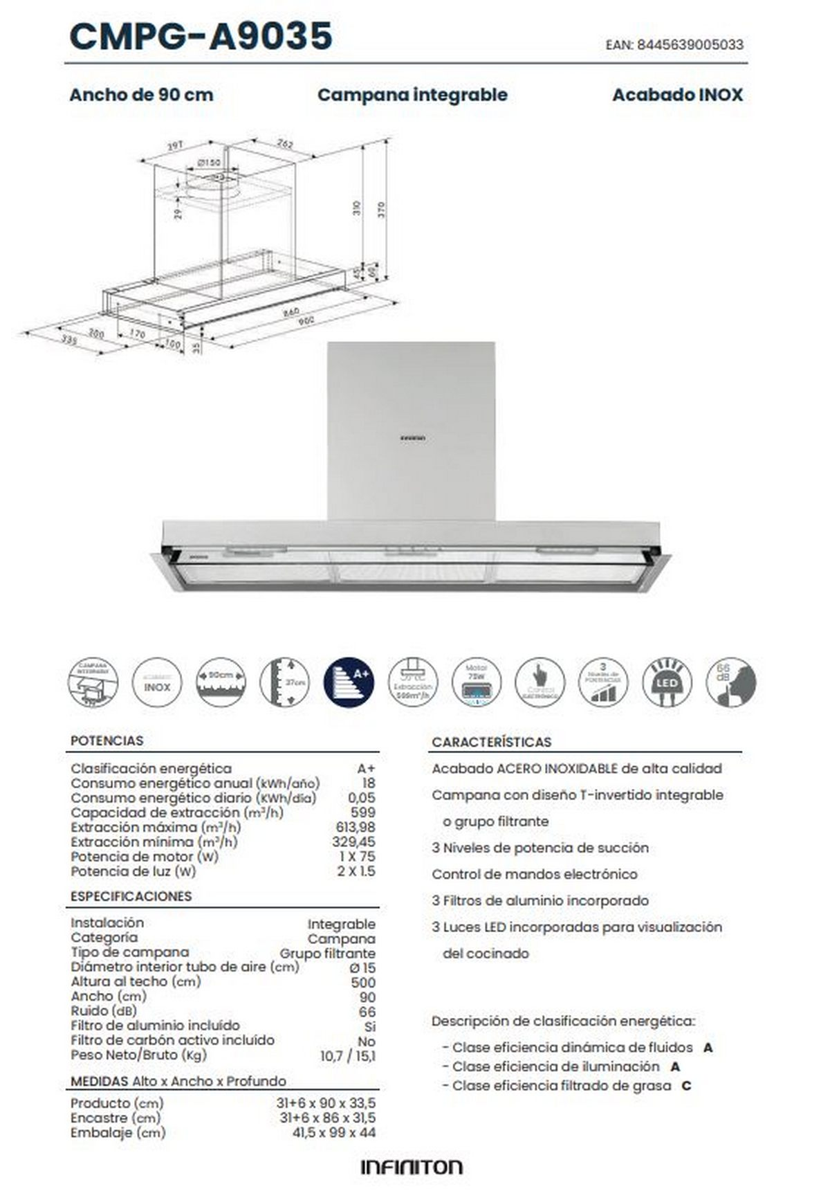 Dibujo técnico de una campana de cocina integrada. Incluye dimensiones, especificaciones y detalles de eficiencia energética.