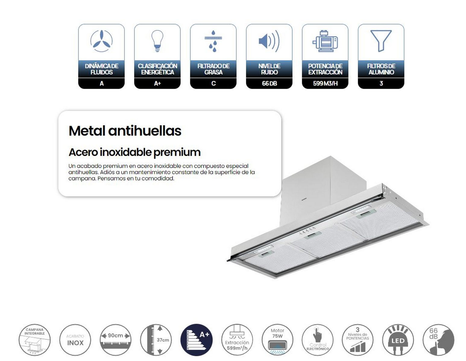Campana extractora blanca con iconos que detallan características y especificaciones.