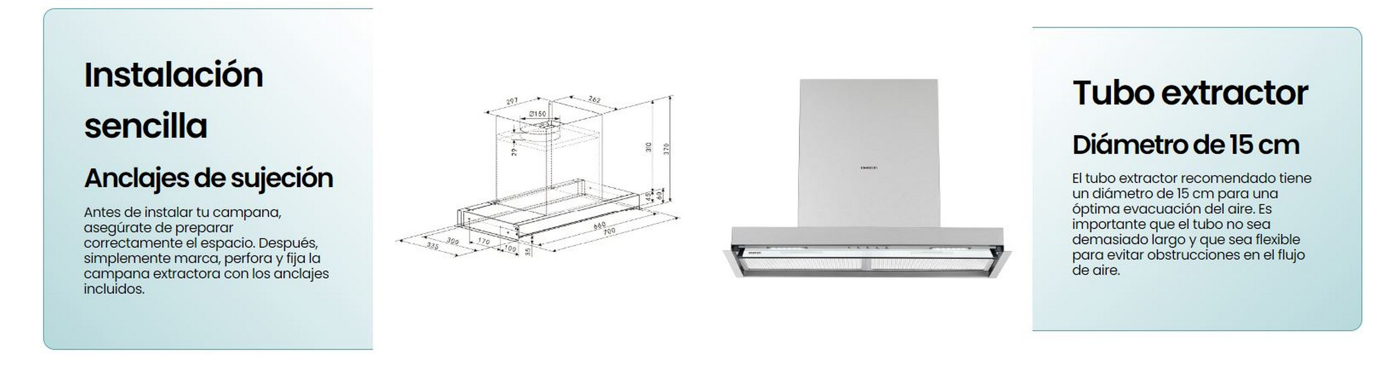 Diagramas y una foto de una campana extractora de cocina. Texto en español. Incluye dimensiones e instalación.
