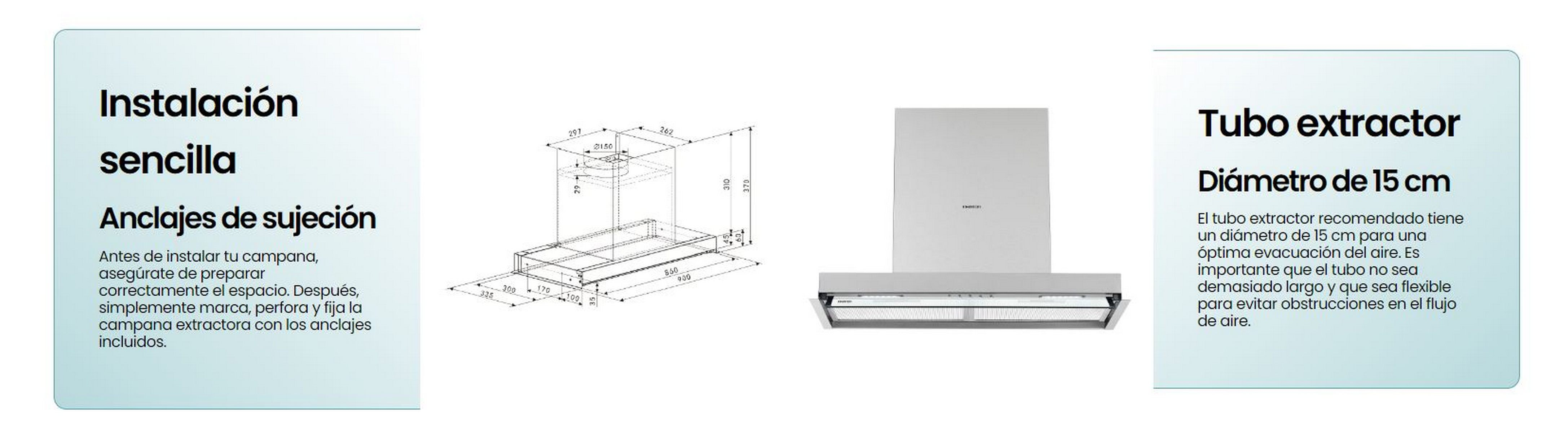 Diagrama y foto de una campana extractora. El diagrama muestra dimensiones y detalles de instalación.