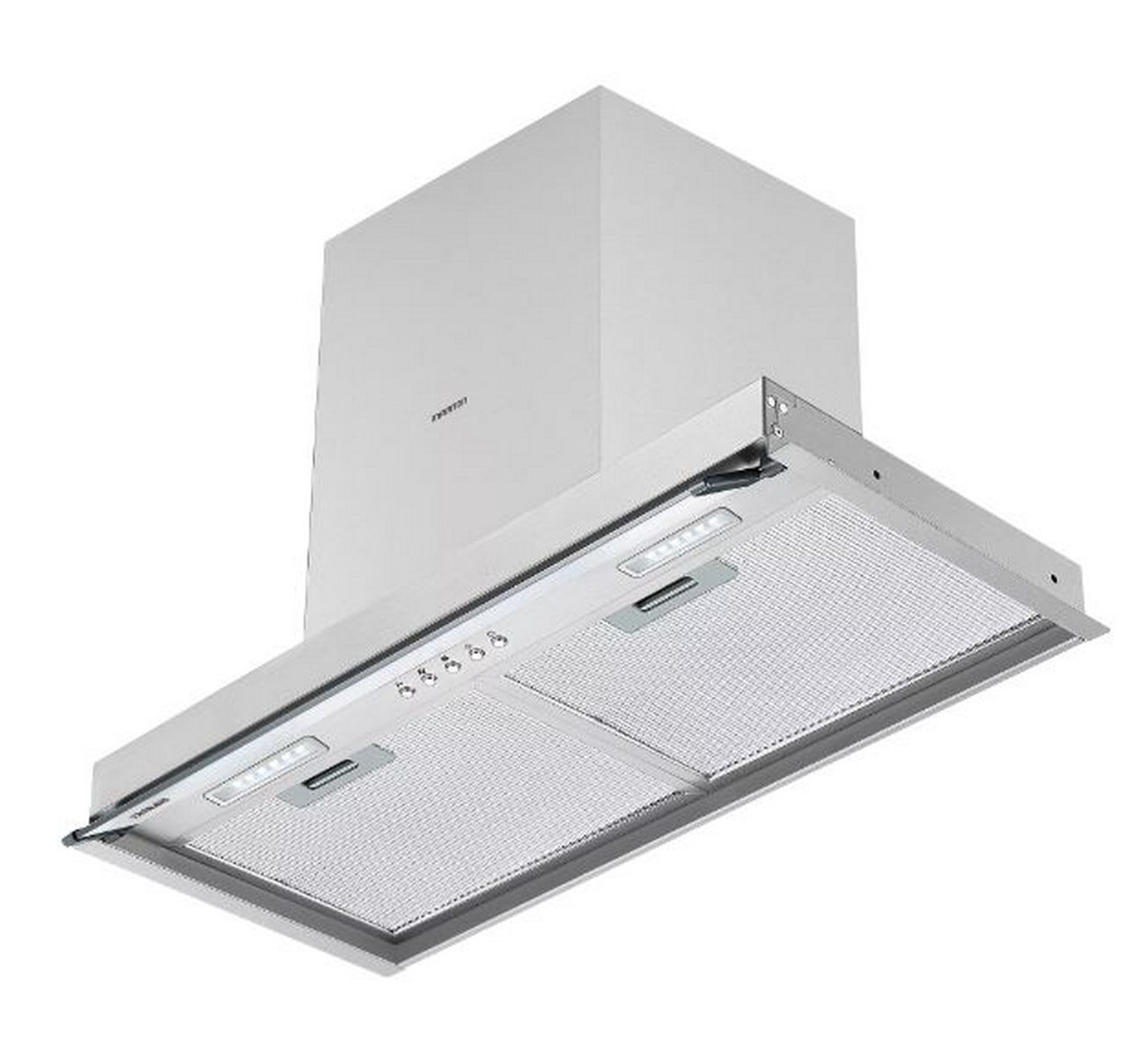 Una campana extractora blanca. Tiene forma rectangular con malla de acero inoxidable y luces LED.