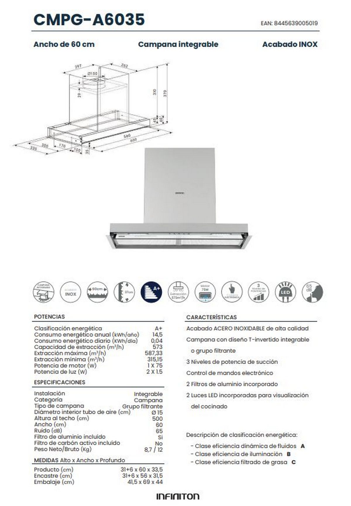 Diagrama de una campana extractora de acero inoxidable. También se incluyen especificaciones técnicas, incluidas las dimensiones.