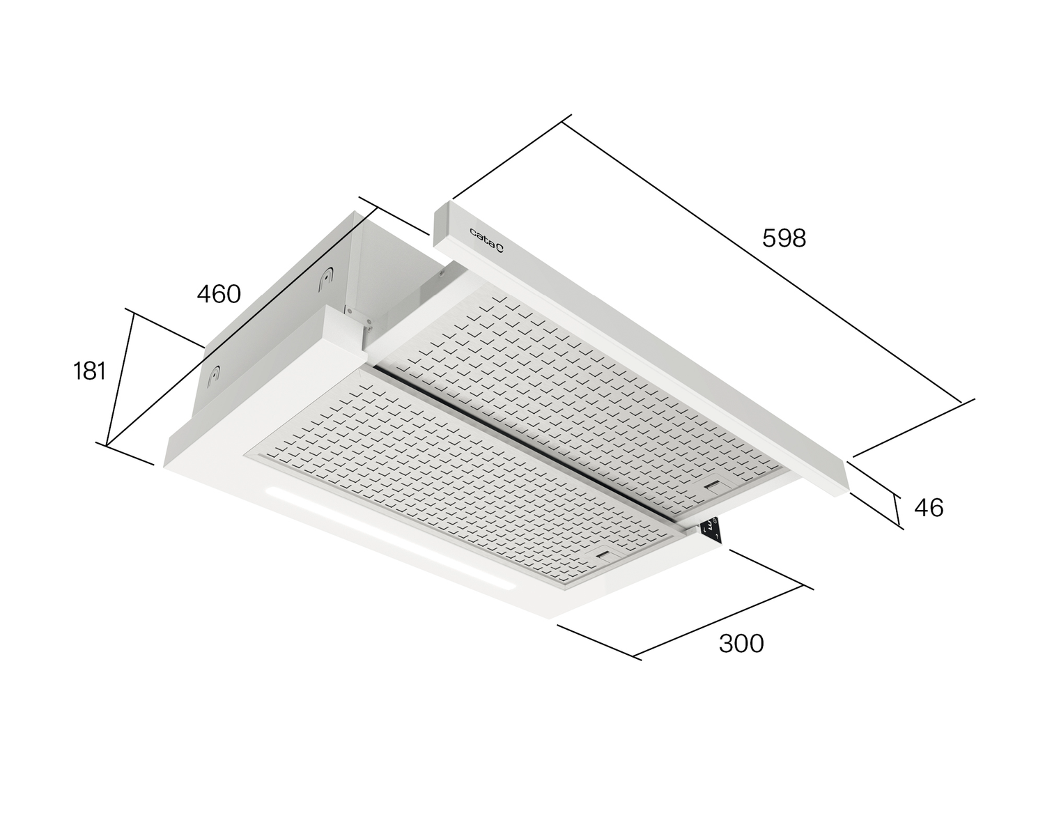 Una cappa da cucina a soffitto con dimensioni. È bianca con una griglia metallica e luci.