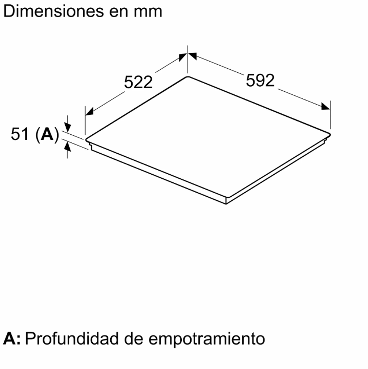 Biała płyta indukcyjna z wymiarami w milimetrach. Płyta ma kształt kwadratu.