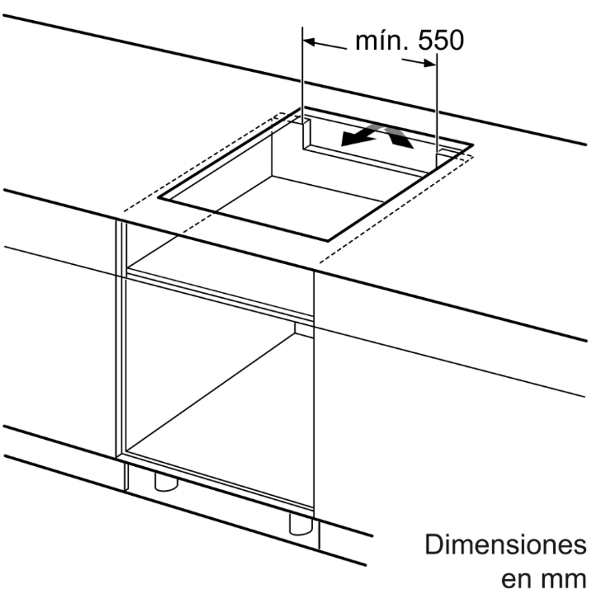 Schemat wycięcia płyty grzewczej z wymiarami: min. 550 mm. Czarne linie na białej powierzchni.