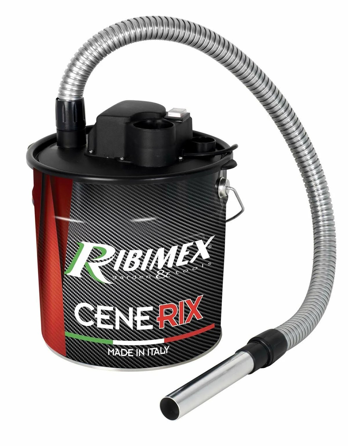 Un aspirapolvere cilindrico rosso e nero con tubo d'argento. Il marchio Ribimex è visibile.