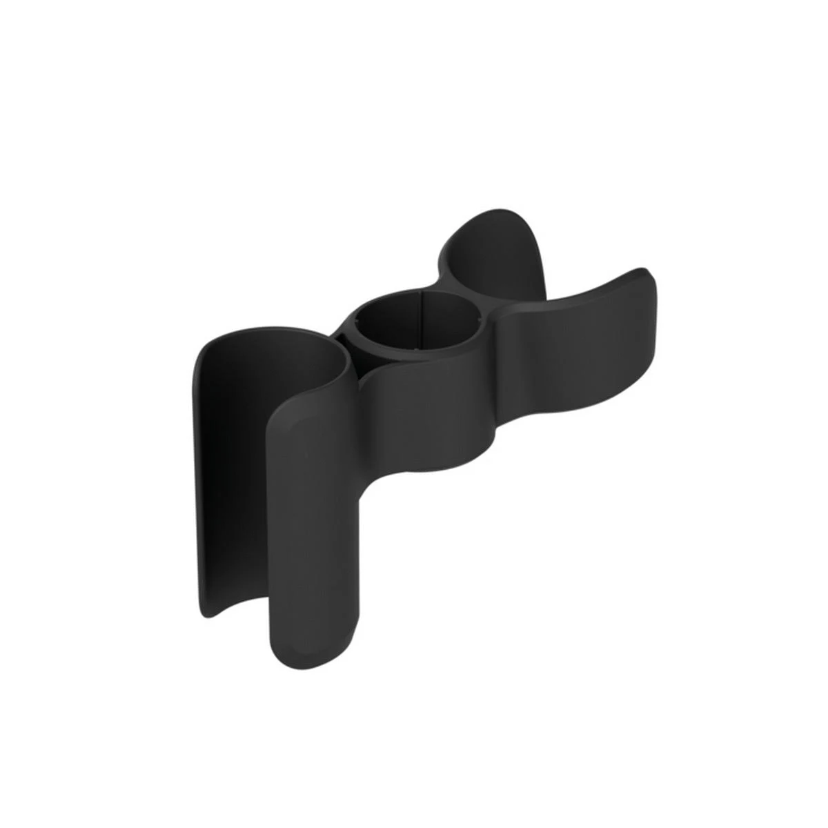 Un supporto di plastica nero con tre aperture curve e circolari.