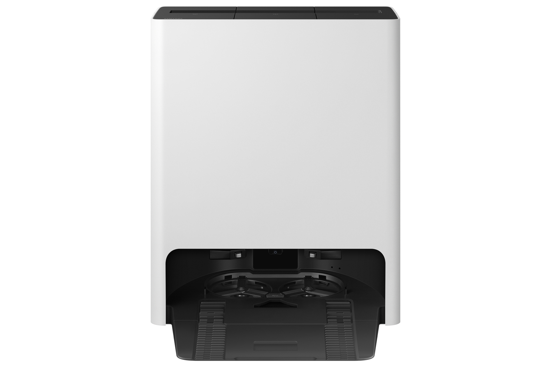 Biały odkurzacz automatyczny z czarną podstawą i prostokątnym designem, na białym tle.