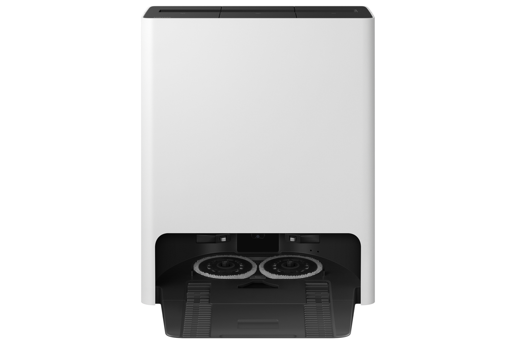 Biały odkurzacz automatyczny z czarną podstawą, pokazujący dwa koła i szczotki.