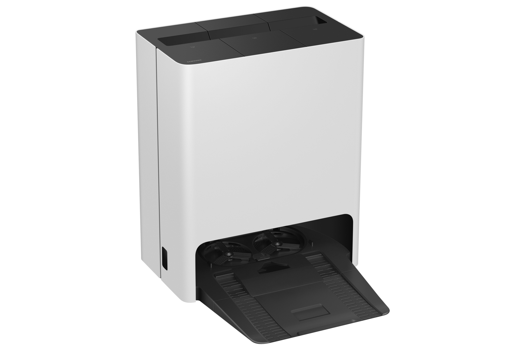 Biało-czarny odkurzacz z otwartą komorą, białe tło.