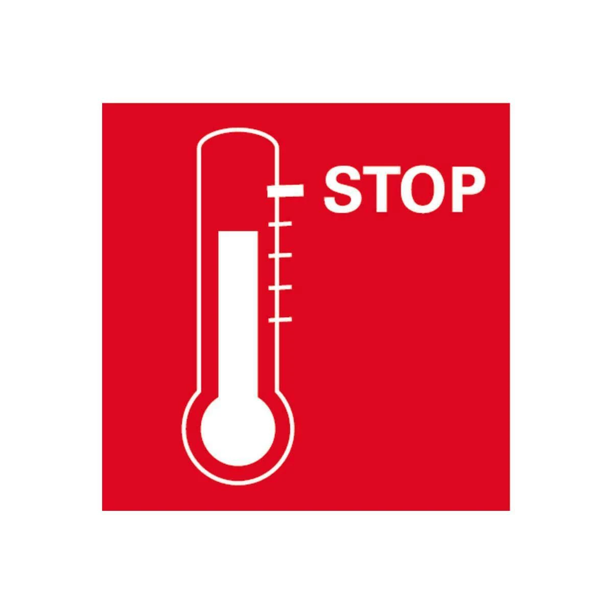 Czerwony znak z białym termometrem i słowem STOP w białym tekście. Białe tło.