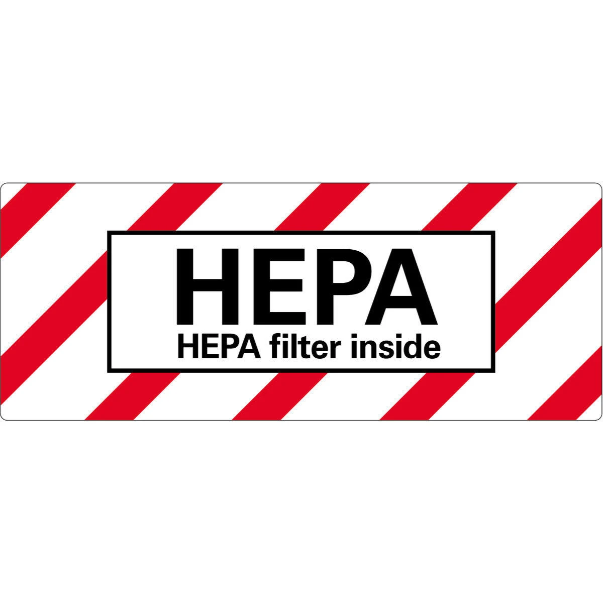 Znak z HEPA, filtr HEPA w środku i czerwone paski.