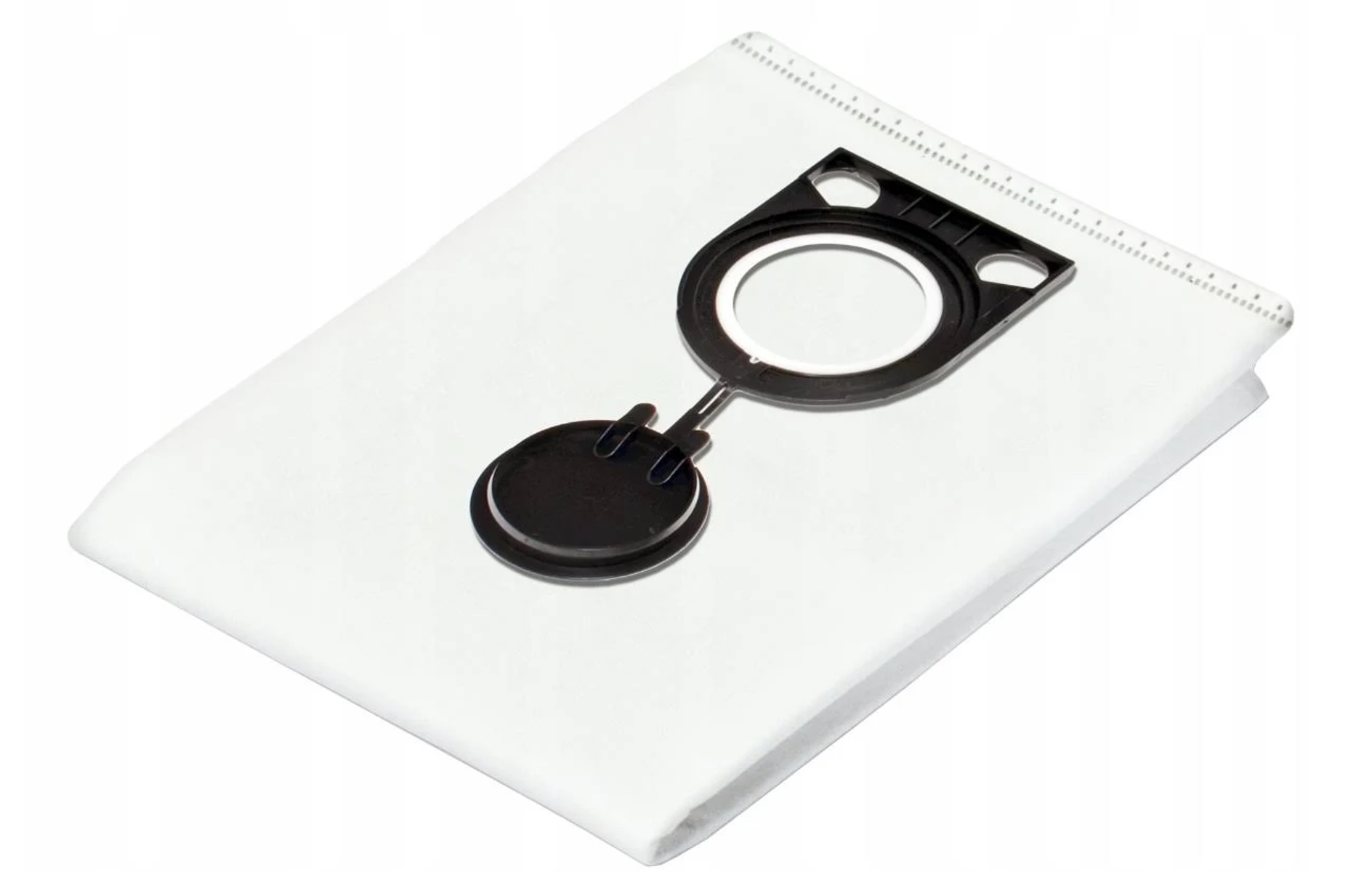 Bolsa de aspiradora blanca con un soporte de plástico negro adjunto.