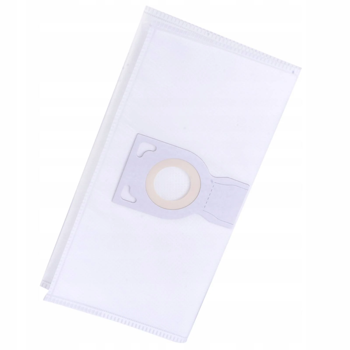 Bolsa de aspiradora blanca con apertura de cartón y fondo blanco.