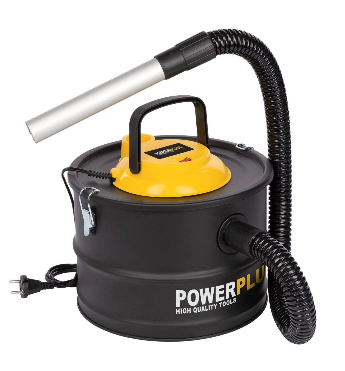 Un aspirapolvere Powerplus nero e giallo con tubo e ugello.