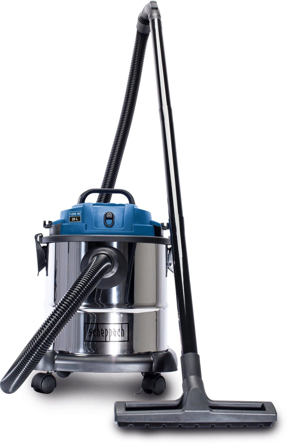 Odkurzacz, metalowy korpus, niebieski wierzch, czarny wąż i dysza.