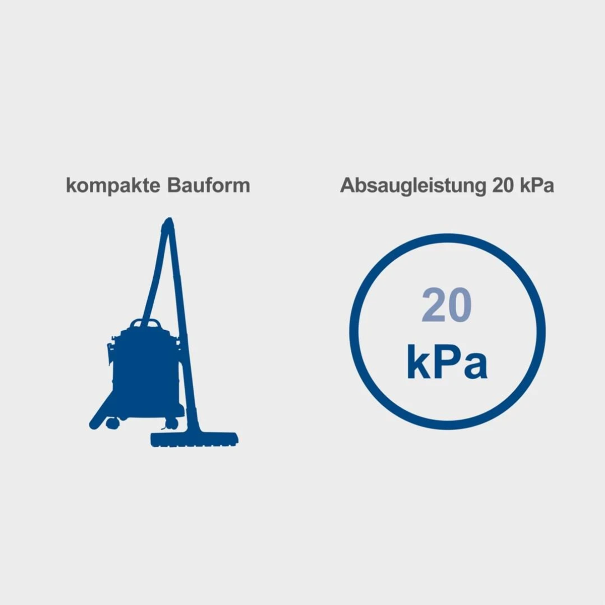 Schemat odkurzacza z tekstem o jego kompaktowej konstrukcji i mocy ssania (20 kPa).