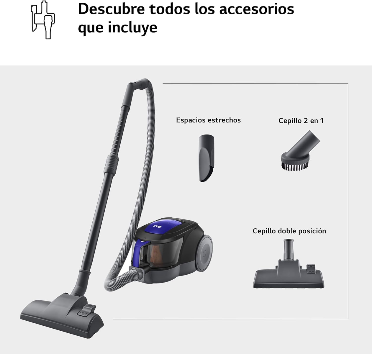 Una aspiradora con accesorios. Tiene una manguera, accesorios y una unidad principal con un diseño azul y negro.