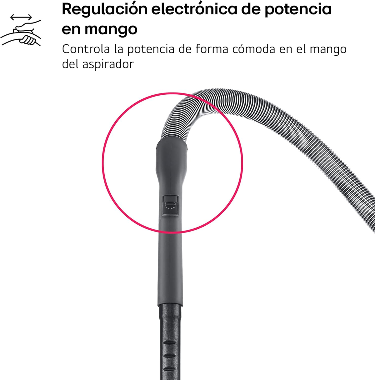 Primer plano del mango de una aspiradora. Tiene un control para ajustar la potencia.