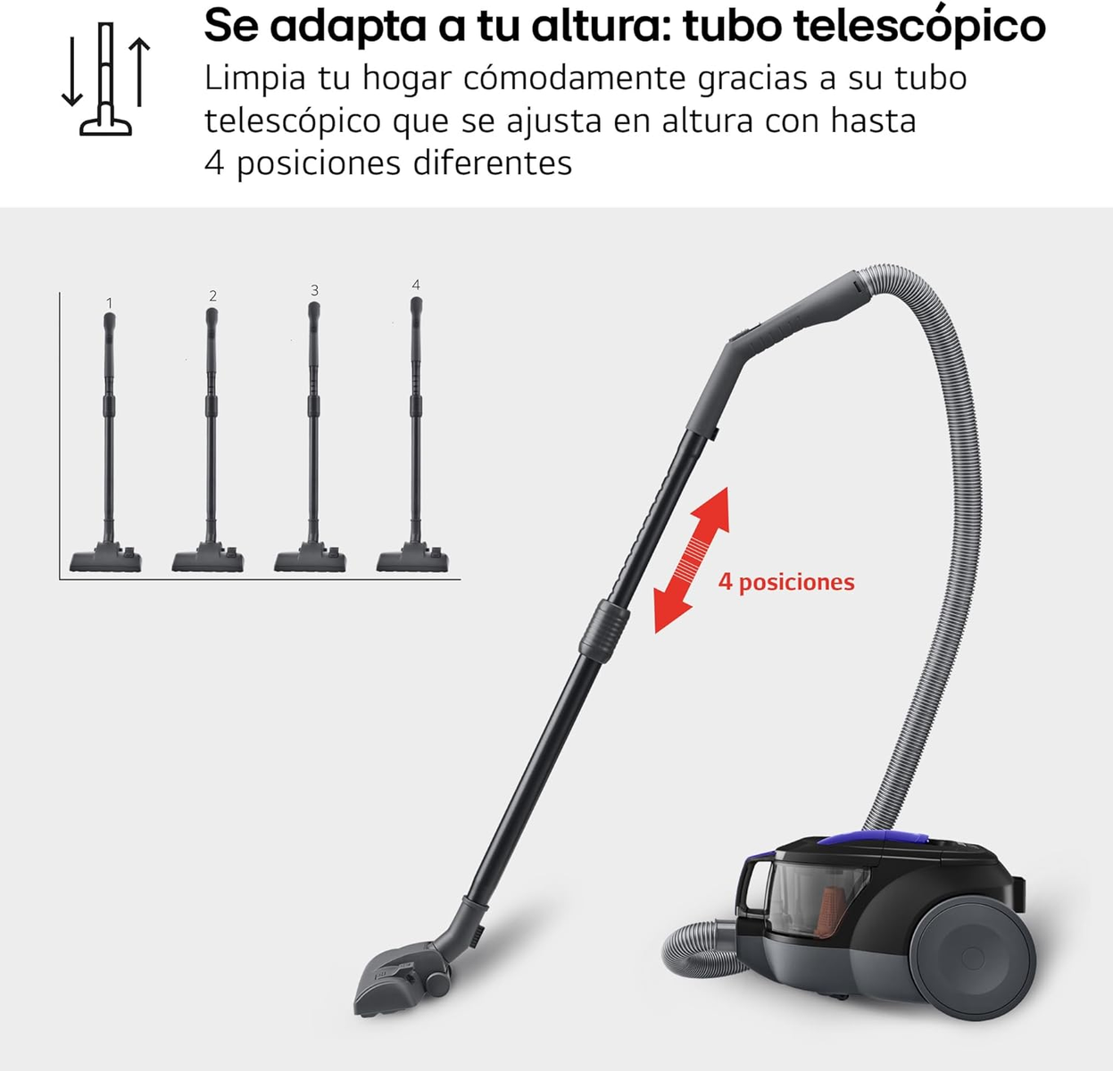 Aspiradora con 4 posiciones de altura. Una aspiradora negra y un tubo telescópico con 4 posiciones.