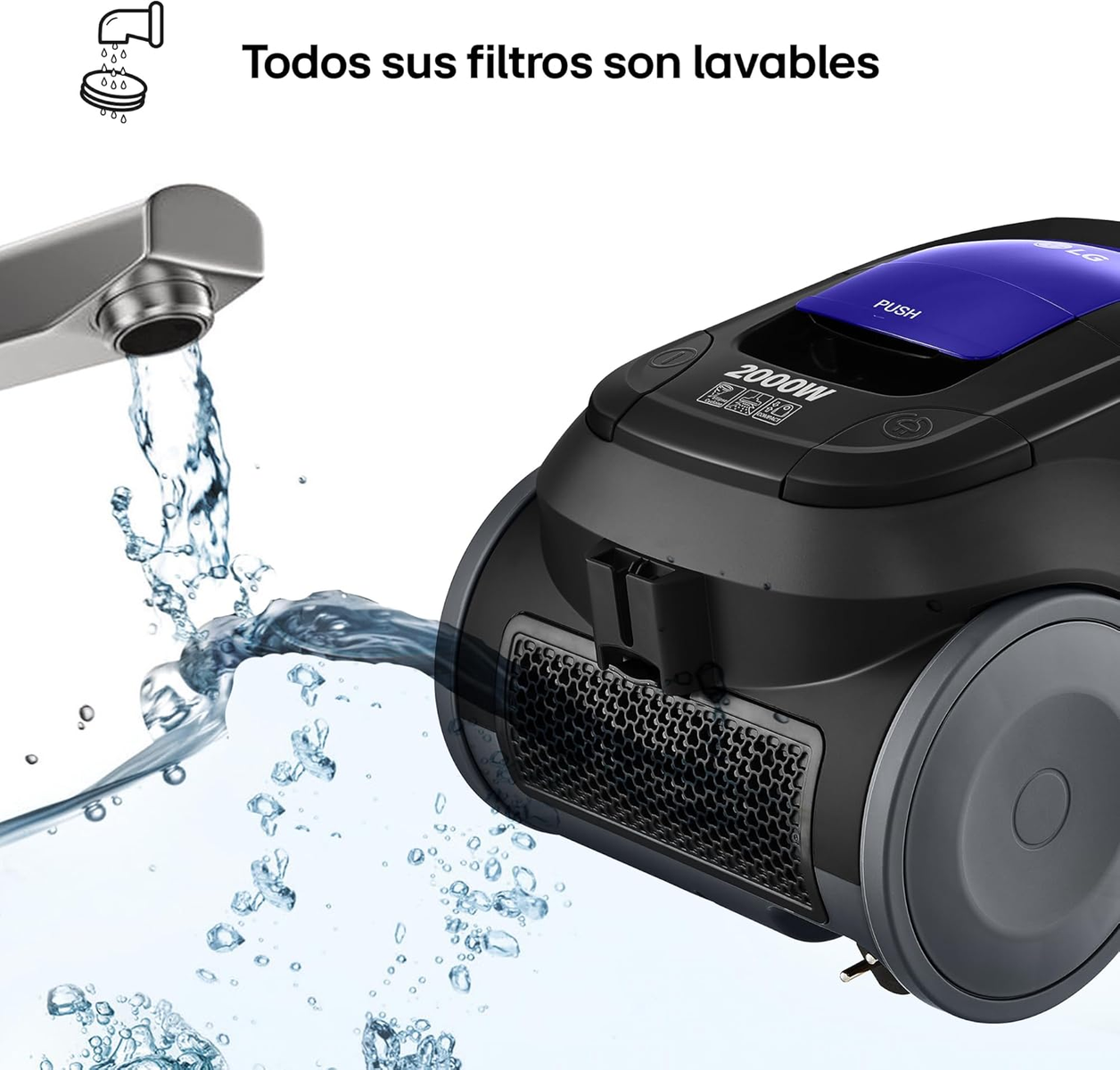 Agua cayendo de grifo a aspiradora negra; texto indica filtros lavables.