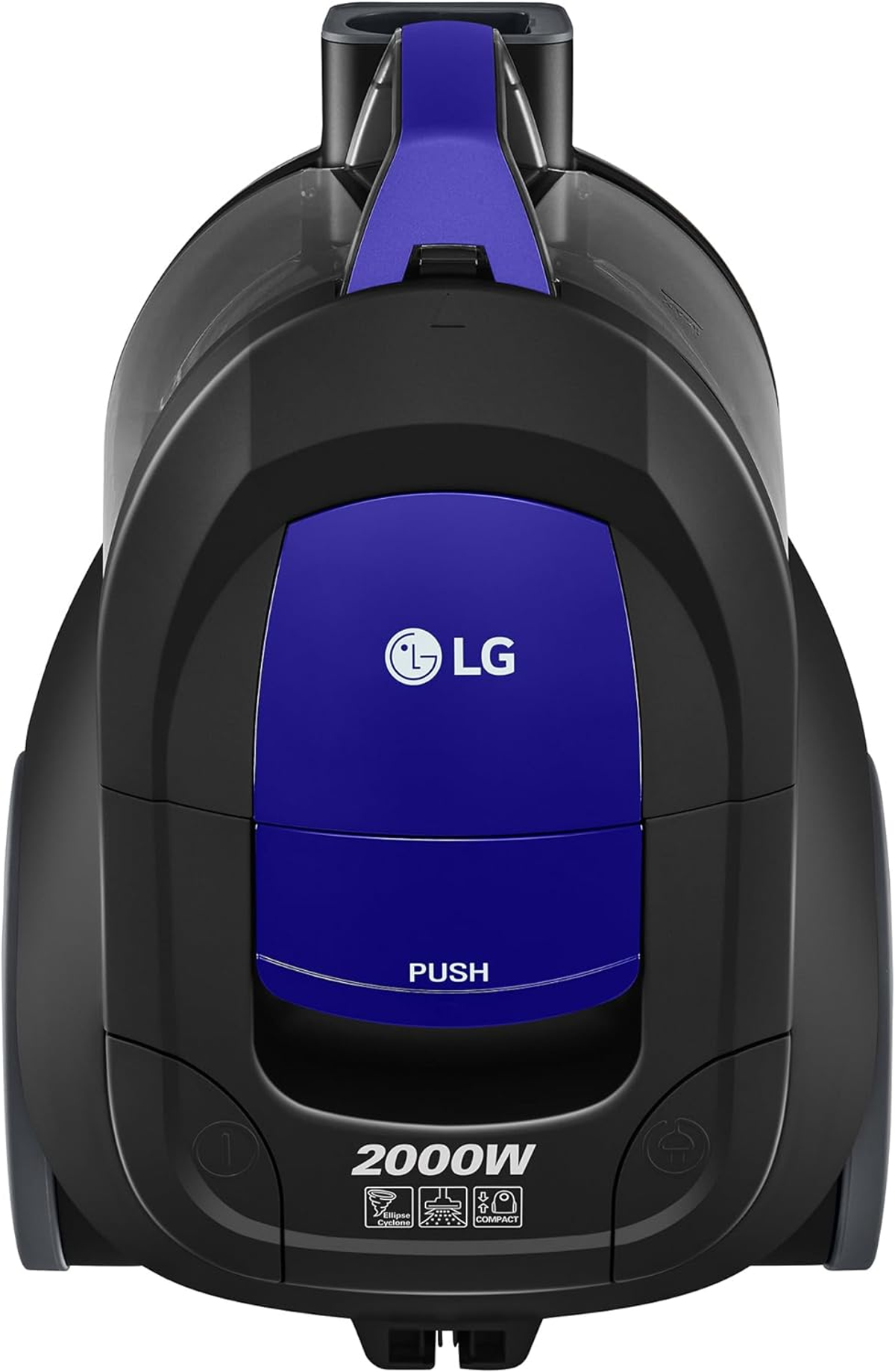Una aspiradora negra y azul con asa y el logo de LG. Está mirando hacia adelante.