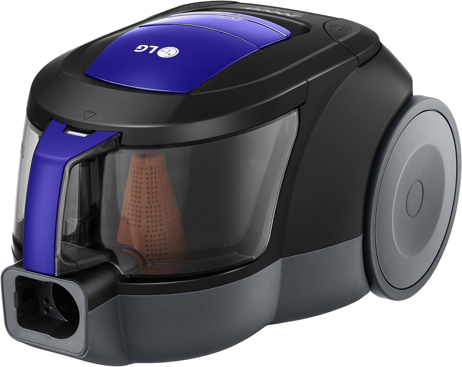 Aspiradora LG negra y azul con un recipiente transparente para el polvo.