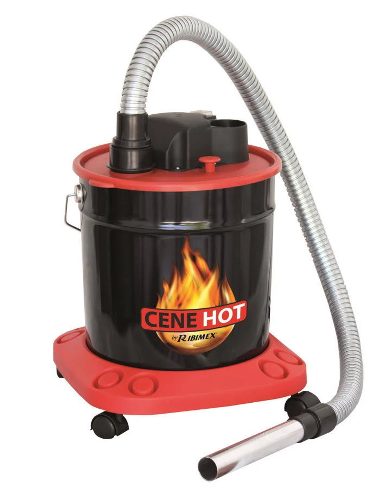 Czarno-czerwony odkurzacz. Ma wąż i czerwoną podstawę. Etykieta głosi CENE HOT.