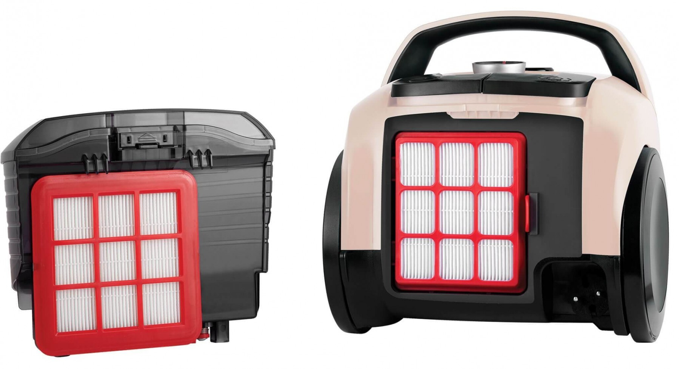 Filtry do odkurzacza: zespół filtrów i czerwony filtr.