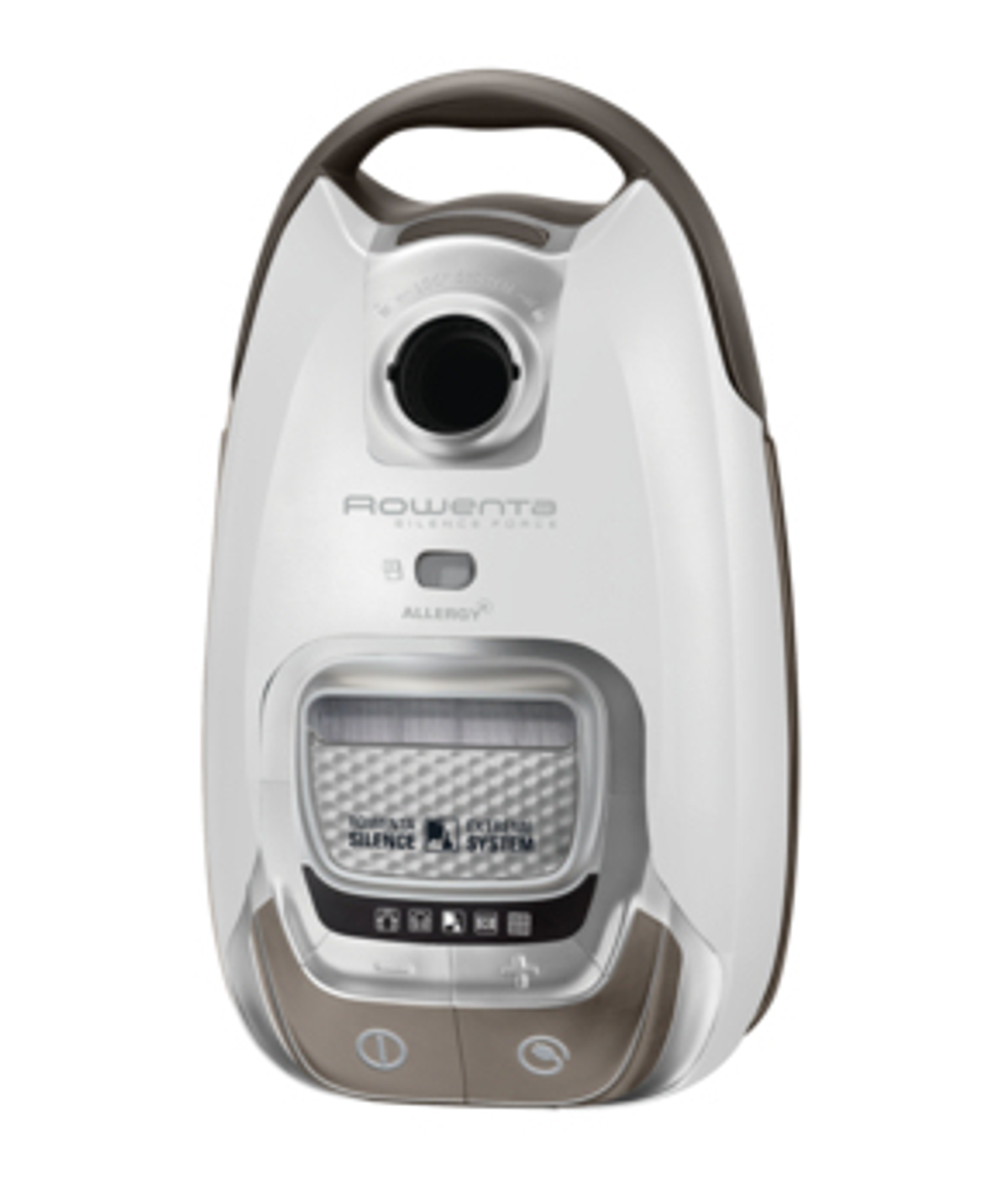 Biało-brązowy odkurzacz z uchwytem.