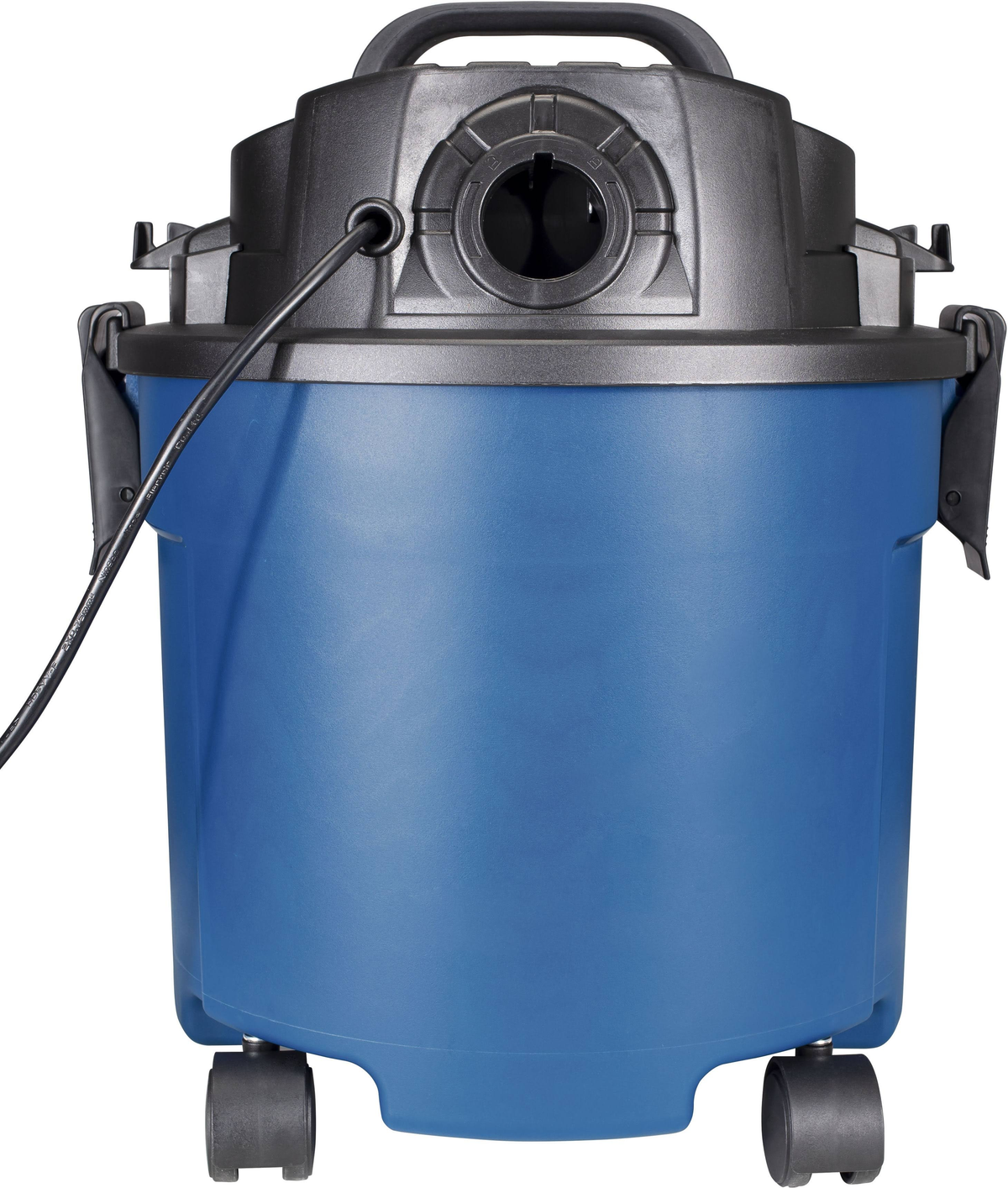 Niebieski odkurzacz. Górna część jest czarna i ma kółka. Podłączony jest przewód zasilający.