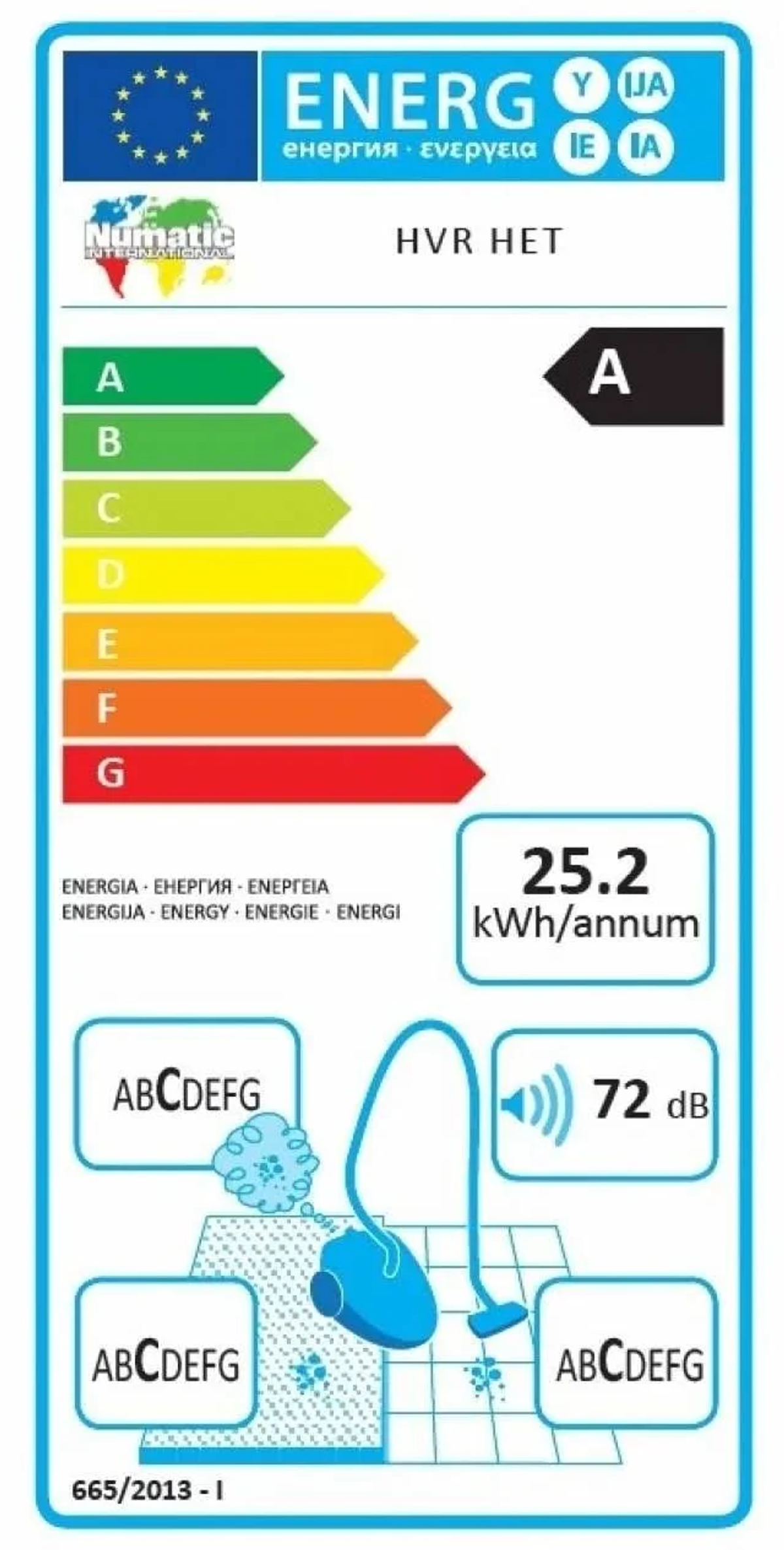 Etichetta di efficienza energetica per un aspirapolvere, che mostra la classe energetica e il livello di rumore.