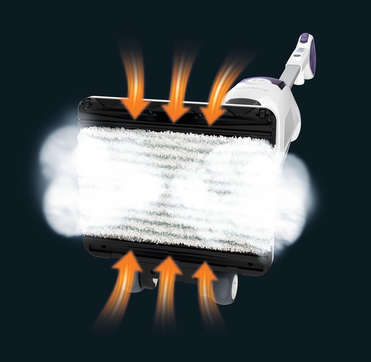 Una mopa de vapor blanca y negra con flechas que indican el flujo de vapor, sobre un fondo oscuro.