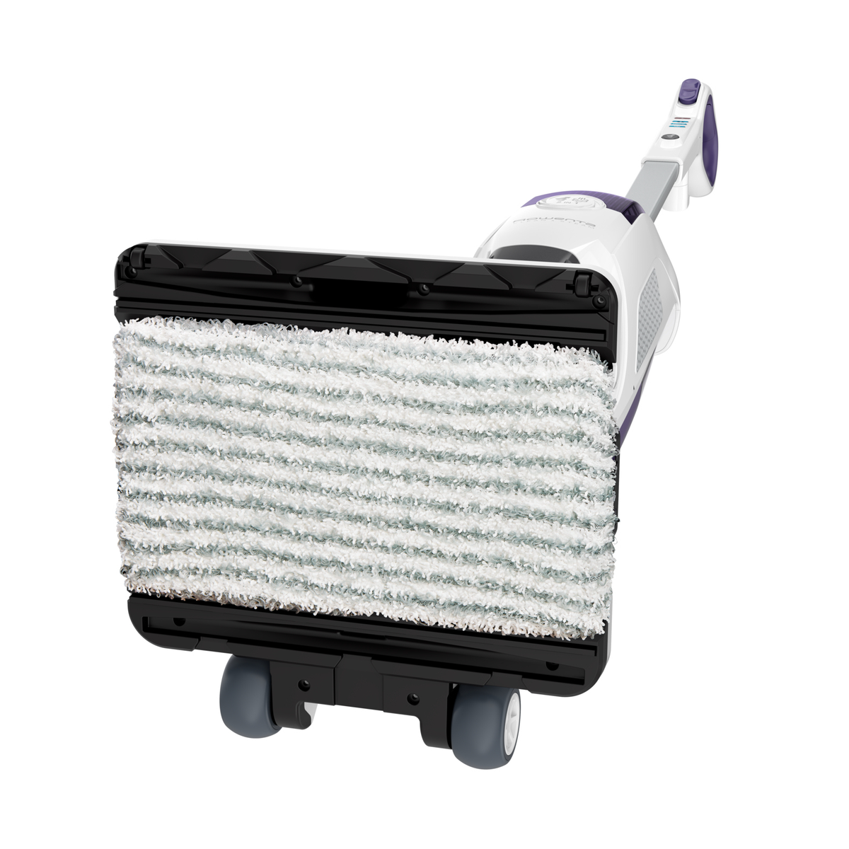 Fregona de vapor blanca y morada. El cabezal es rectangular con tela blanca y esponjosa.