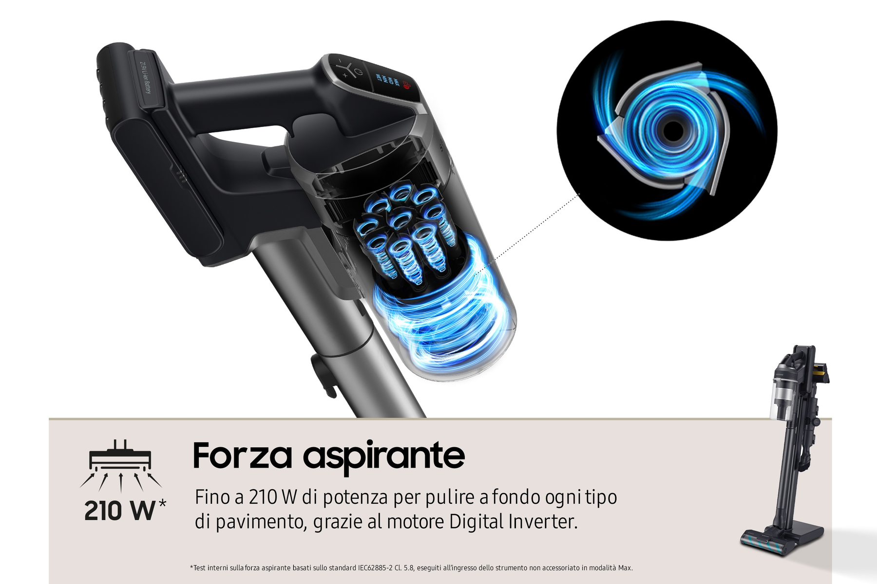 Aspirador escoba - SAMSUNG VS20C955CTK/WA, 210,00 W, Potencia de succión 210 W, Depósito 0,80 l, Autonomía 120 min, Negro