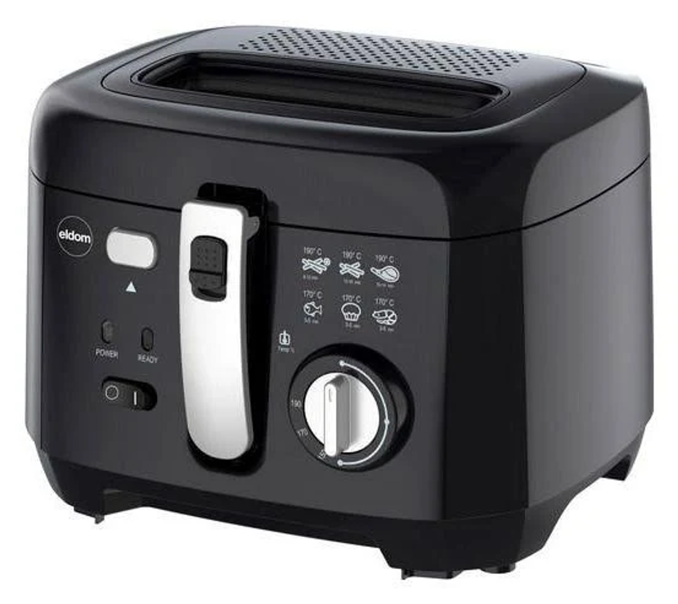 Czarna frytownica z panelem sterowania, srebrnym uchwytem i pokrętłem temperatury gotowania.