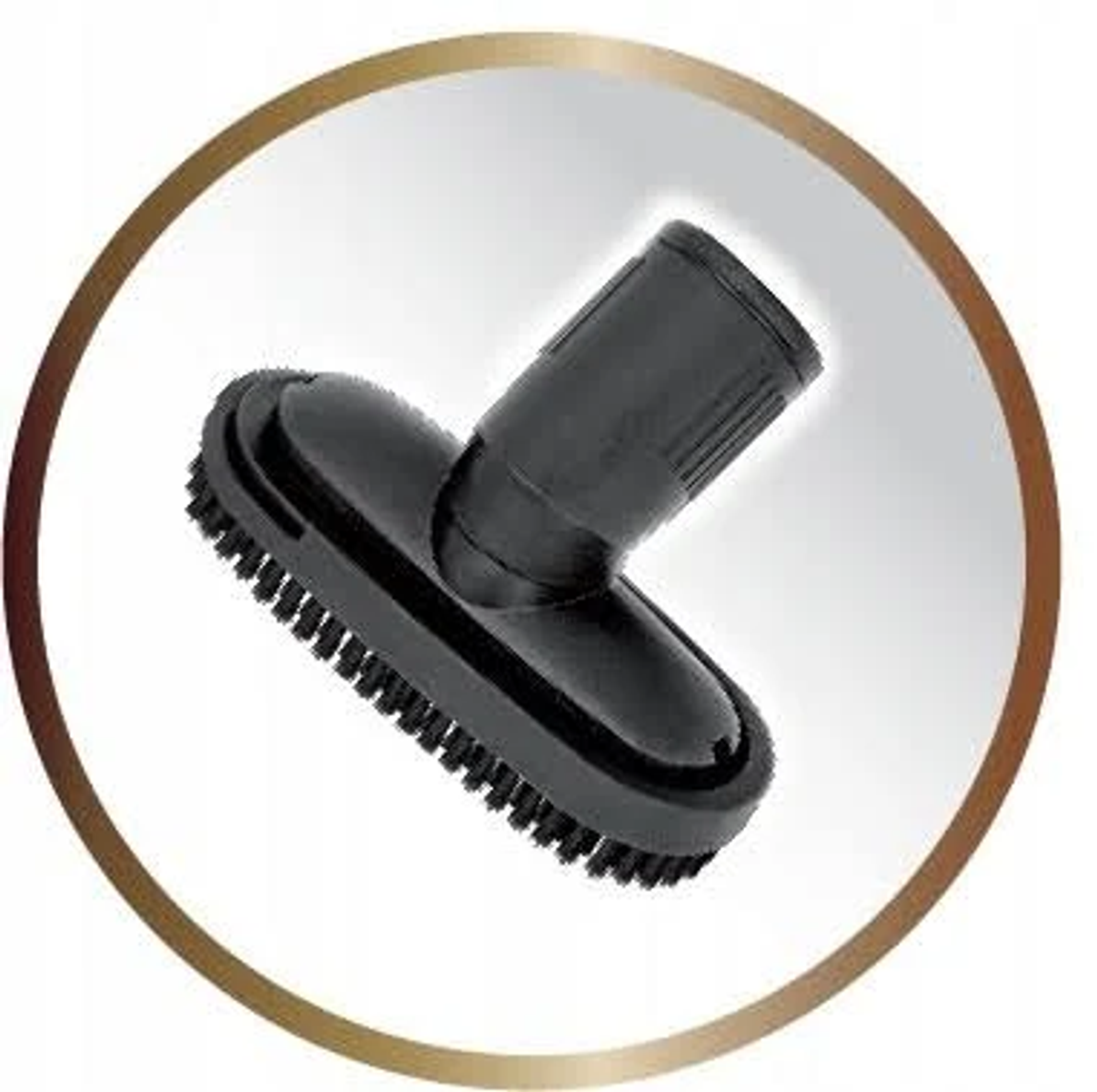 Czarna nasadka szczotkowa do odkurzacza w złotej ramie.