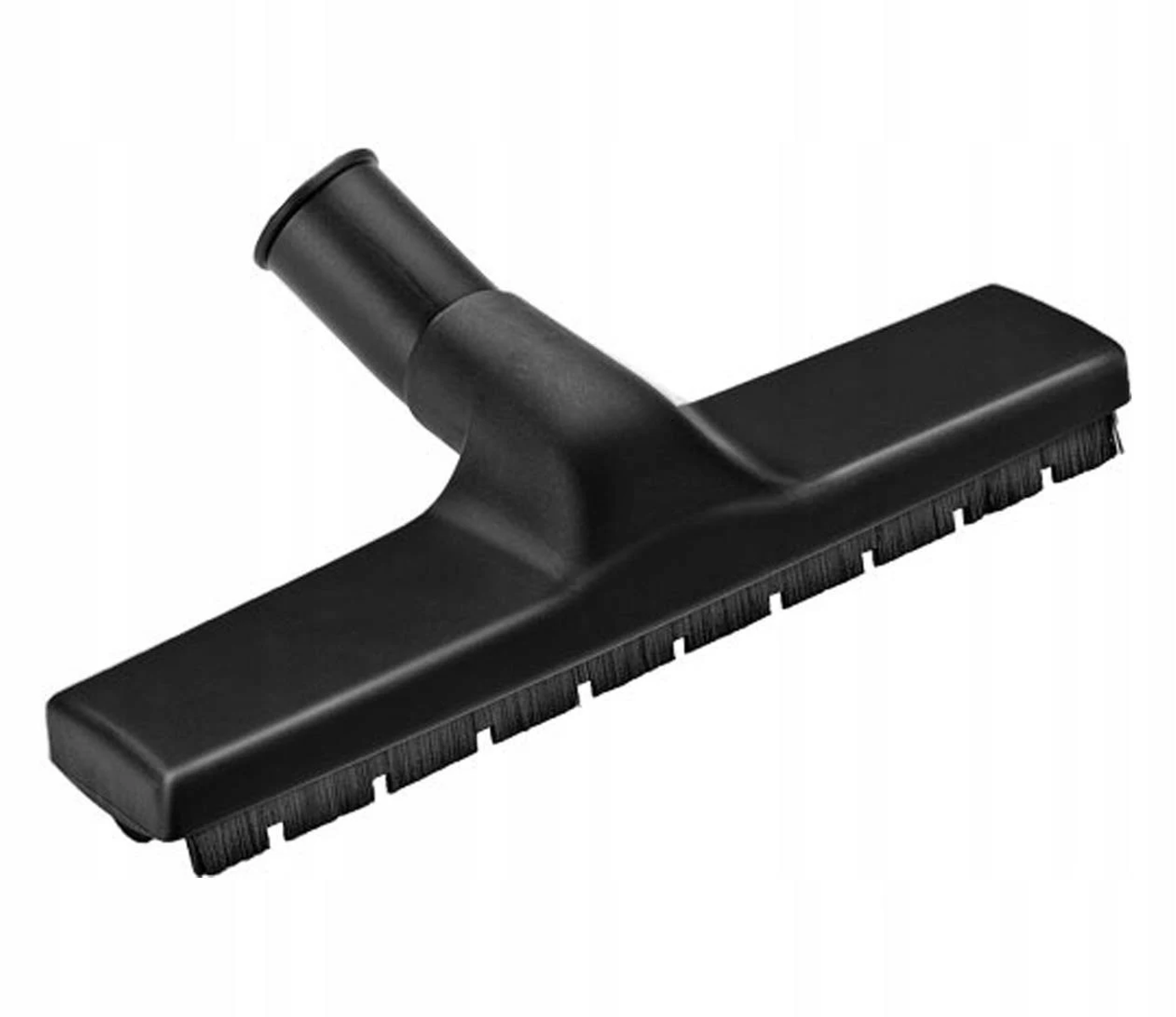 Czarna głowica szczotki do odkurzacza z włosiem, pod kątem, na białym tle.