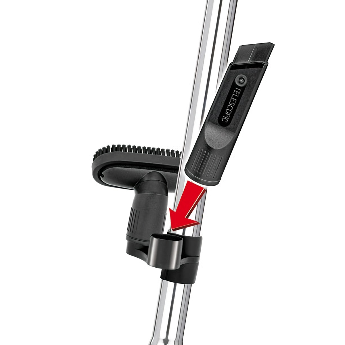 Końcówka odkurzacza ze szczotką i teleskopowym uchwytem.