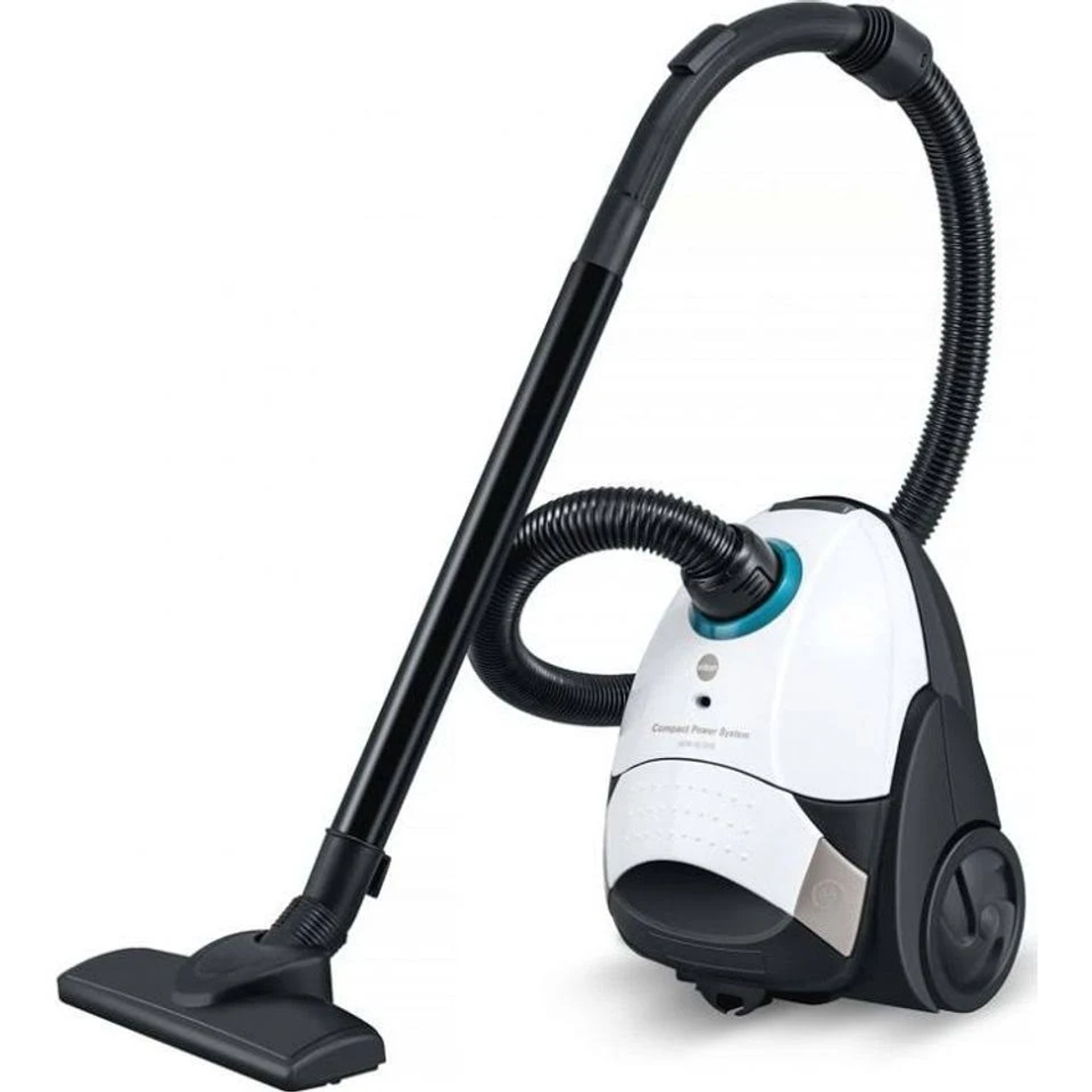 Un aspirapolvere bianco e nero con un lungo manico e tubo. La testina è sul pavimento.