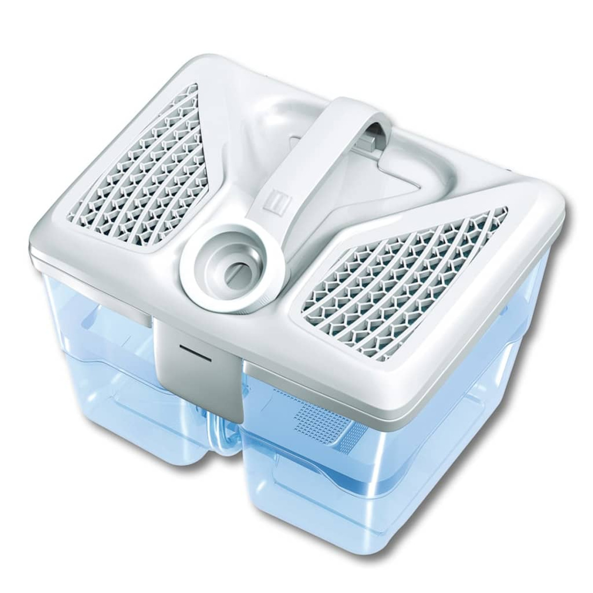 Biały element odkurzacza z dwoma niebieskimi zbiornikami na wodę. Biały uchwyt. Izolowany.