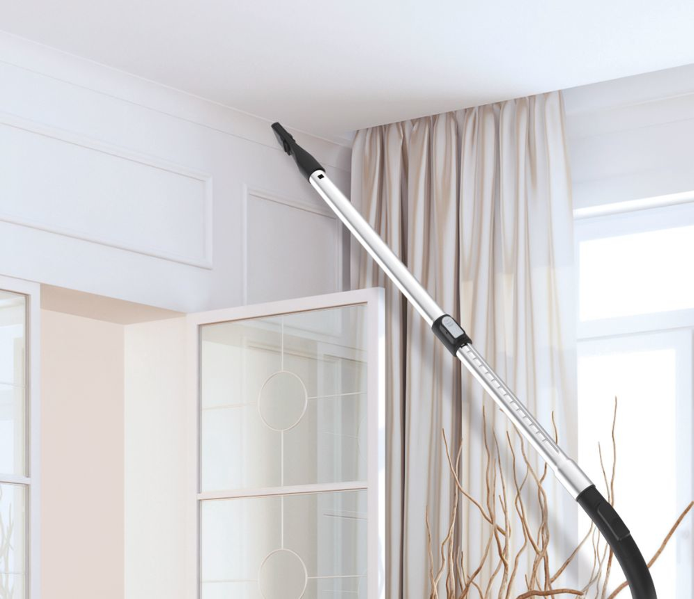 A vacuum cleaner attachment is cleaning the ceiling. The scene includes white walls, a window, and curtains.